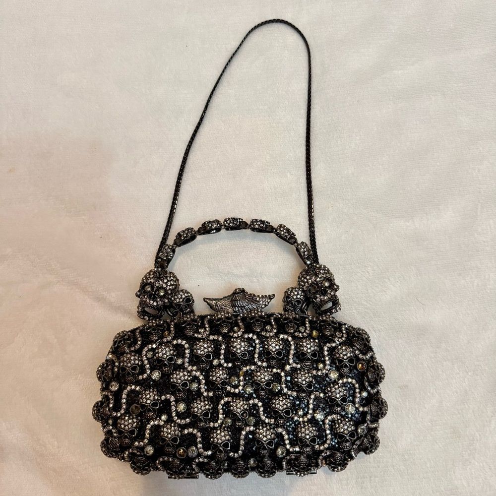 Charles Dary Embellished Swarovski Crystal Skulls and Wings Convertible Clutch
